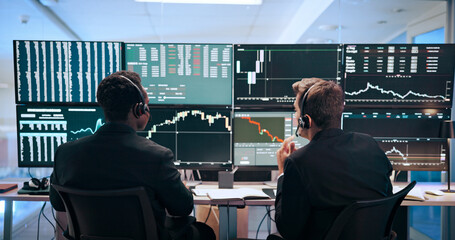 Aufkleber - Computer screen, finance or men with headset for stock market, financial analytics or trading review. Fintech, office or back of people on monitor for online investment, revenue charts and statistics