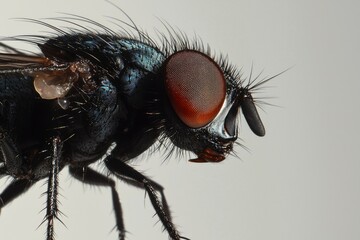 detailed macro shot of a fly showing its anatomy against a blank background