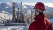 © THUA - Male worker with hard hat positioned in the foreground looking at a refinery's intricate design with its chimneys and industrial towers.