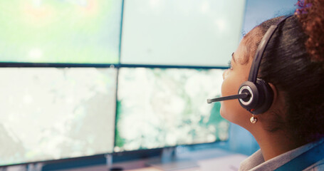 Poster - Computer, screen tracking or woman with headset in control room for weather forecast, satellite maps and navigation. Meteorology, person and radar technology for climate pattern, atmosphere or system