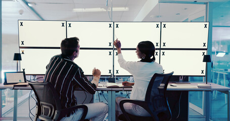 Poster - Talking, people or mockup on screen in control room for trading, finance or stock market prices at night. Teamwork, tracking markers or trader monitor with back, space or technology in data center