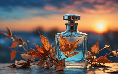 Leinwandbilder - Elegant perfume bottle showcased with autumnal foliage on a wooden surface as the sun sets in the horizon, creating a warm, tranquil atmosphere.