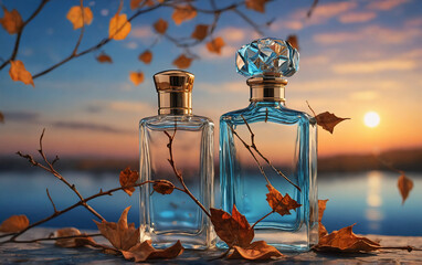 Leinwandbilder - Elegant perfume bottles, one with a gold cap, the other blue, are set amidst autumn leaves.  A picturesque sunset and lake scene create a tranquil, natural setting.