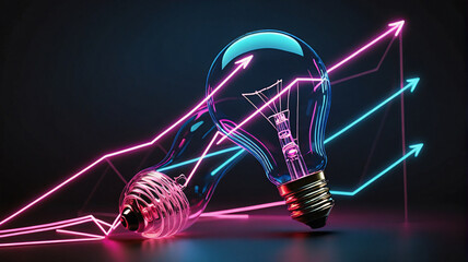 Aufkleber - Two light bulbs are illuminated by neon pink and blue arrows pointing upwards, against a dark backdrop, symbolizing growth and innovative ideas.