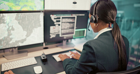 Poster - Headset, back or woman with screen for maps for news, research or ecology in call center. Data, check or computer for tracking technology for meteorology info, storm radar or climate change forecast