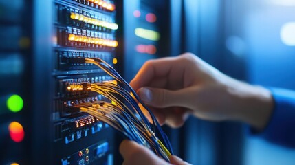 Fototapete - Hands Connecting Cords in a Secure Server Room with Network Patch