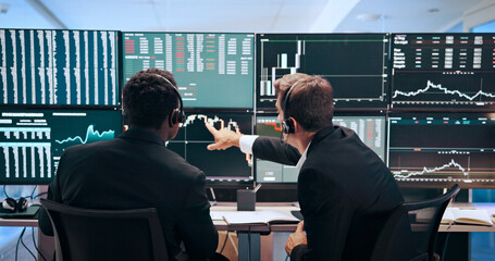 Aufkleber - Computer screen, finance or men pointing for stock market, financial analytics or trading review. Fintech, business or back of people with monitor for online investment, revenue charts and statistics