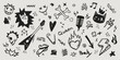 © klyaksun - Black punk rock icons set isolated on white background. Vector realistic illustration of hand drawn guitar, heart on fire, arrow, smiling emoji, cat, skull, lightning bolt signs, grungy banner design