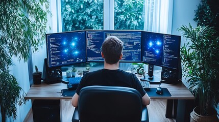 Programmer Working on Triple Monitor Setup at Home Office Desk