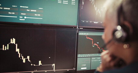 Poster - Stock market broker, headset and computer screen with financial graphs for trends monitoring or trading patterns. Fintech, finance data or person with global exchange charts for investment statistics