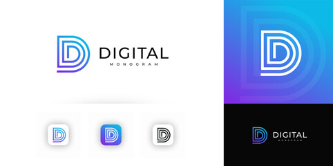 Aufkleber - Stylized letter D formed by layered digital lines with gradient color, evokes innovation, precision. Suitable for tech branding, apps, digital identity. Modern geometric monogram. Vector illustration.