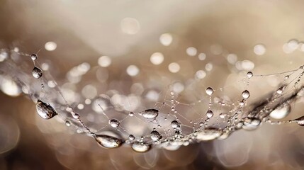 Wall Mural - Close up of a delicate spider web glistening with dew drops against a blurred background