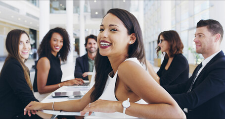 Poster - Portrait, smile and happy woman in meeting for discussion, funding or budget review for business. Teamwork, staff and proud analyst with finance information or confident for project development