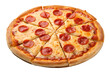 © Azam - Isolated Pepperoni Pizza on Wooden Plate on Neutral Background.