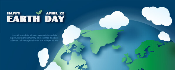 Wall Mural - poster campaign of earth day with closeup global planet and white clouds around, wording of event an