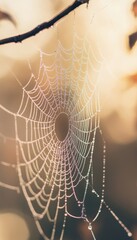 Wall Mural - Artistic close up of a spider web with fine threads and dewdrops against a softly blurred background