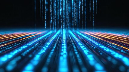 Binary code background with scientific database and technology concept. Futuristic digital data stream with glowing lines and particles.