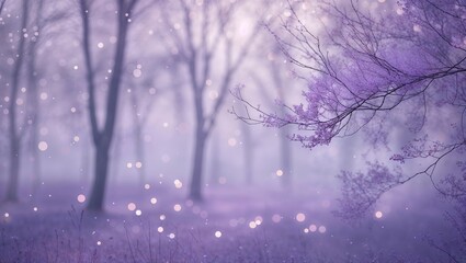 Wall Mural - misty forest with purple hues and soft glowing lights during a tranquil morning in autumn