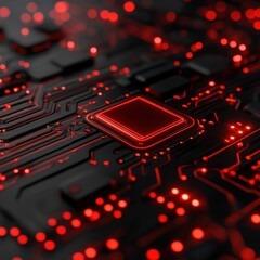 Fototapete - Red Illuminated Circuit Board Close Up High Tech Technology Digital Microchip Background
