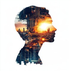 Aufkleber - Futuristic Double Exposure of Human Silhouette with Urban Landscape and Sunset Background