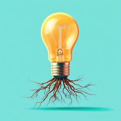 Aufkleber - Creative Lightbulb with Roots Symbolizing Innovation and Growth in Bright Turquoise Background