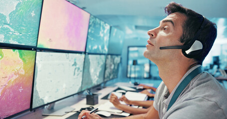 Poster - Computer, emergency service and man with headset for global security, dispatcher and operator. Telecommunication, surveillance maps and first responder on monitor for incident report, contact or help