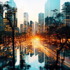 Poster - Urban Cityscape at Sunset Double Exposure of Traffic and Skyscrapers Reflecting in Water
