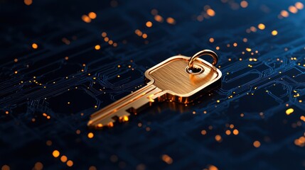 Poster - Golden Key On Blue Circuit Board Background With Glowing Effects And Technology Theme