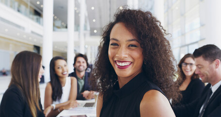 Poster - Portrait, confident and happy woman in meeting for discussion, funding or budget review for business. Teamwork, staff and proud analyst with finance information or smile for project development