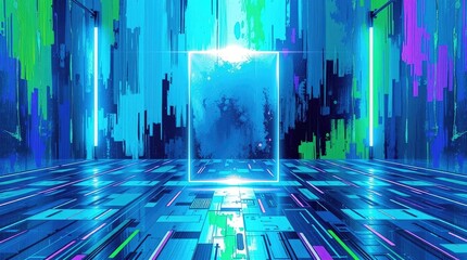 Wall Mural - Abstract digital room filled with blue light and textures