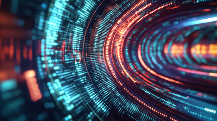 Neon rays virtual flight. 3D illustration of computer code flowing inside cable. High-speed data transmission tunnel. Internet Gateway Data Flow