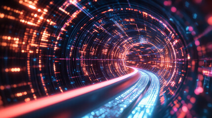 Neon rays virtual flight. 3D illustration of computer code flowing inside cable. High-speed data transmission tunnel. Internet Gateway Data Flow