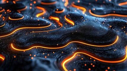 Abstract digital landscape, glowing lines, dark background. Use Stock photo for technology, science, or art