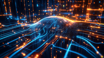 Wall Mural - neon network of digital data streams. 3d illustration of cyber field hi-tech neuro grid