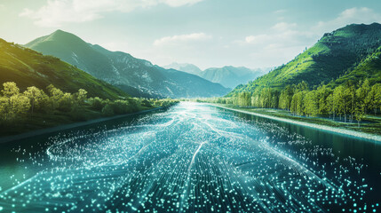 Data stream. Digital world. Blocks of information in nanostructure. Abstract 3D illustration. Blockchain concepts and computers of future