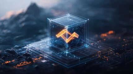 Wall Mural - glowing symbol inside a glass cube on dark, rocky surface
