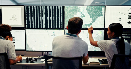 Poster - Screen, people and meteorology with weather for broadcast, satellite maps or teamwork to track storm. Control room, back or scientists with monitor for forecast news, pattern review or climate change