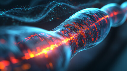 Digital technologies of future. Transmission and storage of data in global cyberspace. Encrypted data stream over fiber optic cable. 3D illustration of abstract space architecture