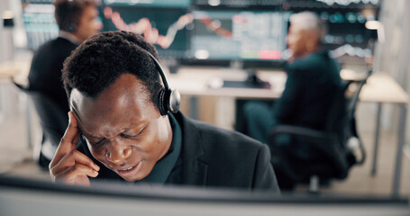 Poster - Business, headache and man in office, pain and overworked with inflation, pressure and burnout. Person, investment banker or consultant in workplace, migraine and headset with tension and frustrated