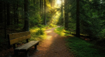 Wall Mural - serene forest path illuminated by sunlight, featuring wooden bench