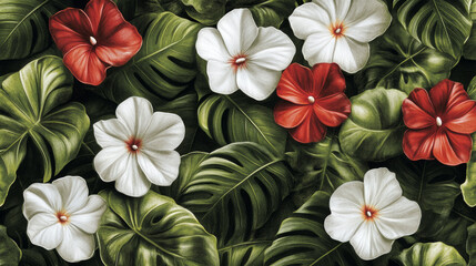 Wall Mural - red and white flowers with lush green leaves background