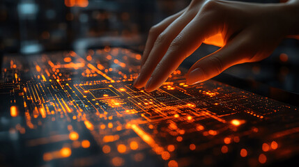 Glowing Circuit Board Hand Interacting with Futuristic Technology Interface