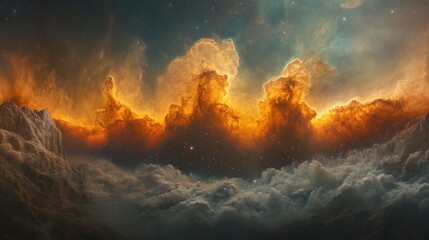 Wall Mural - Fiery cosmic cloudscape, celestial expanse of nebulae and stars