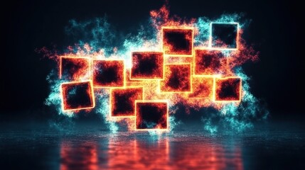 Wall Mural - fiery, glowing squares reflected on dark surface