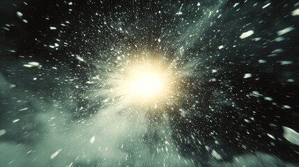 Wall Mural - Bright light explodes from a dark, smoky, particle-filled void