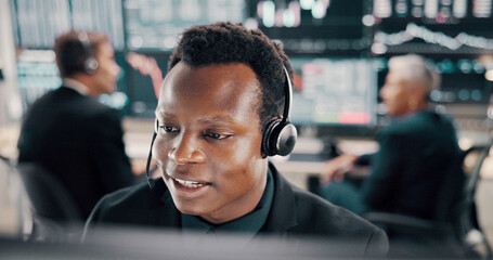 Aufkleber - Computer, finance and man with headset talking for stock market, financial analytics and trading review. Call center, business and consultant for online investment, revenue charts and statistics