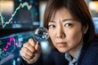© MastersedZ - focused woman analyzing stock market data with magnifying glass