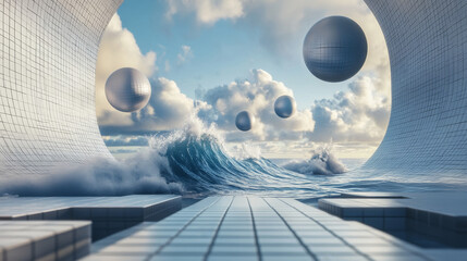 Wall Mural - futuristic image of a wave on a plane of squares and abstract spheres. vector background image.