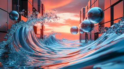 Wall Mural - futuristic image of a wave on a plane of squares and abstract spheres. vector background image.