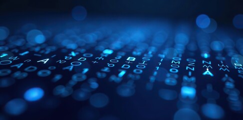 blue binary code background with glowing lights and data flowing, technology concept,  information,  glowing lights
